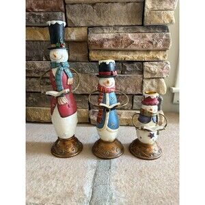 Snowman Christmas Caroling Family Candle Holders 3 Snowmen Ceramic
